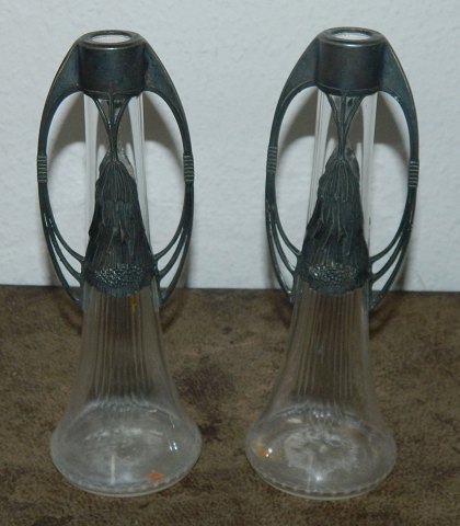 Pair  of Art Nouveau  glass vases with pewter decoration