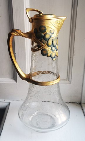 Large Jugend glass carafe with metal top