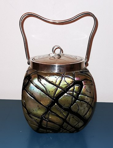 Art Nouveau Loetz biscuit jar with  in glass with metal lid approx. 1900