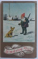 Tegnet julekort af Fritz Kraul: Nissefar på jagt